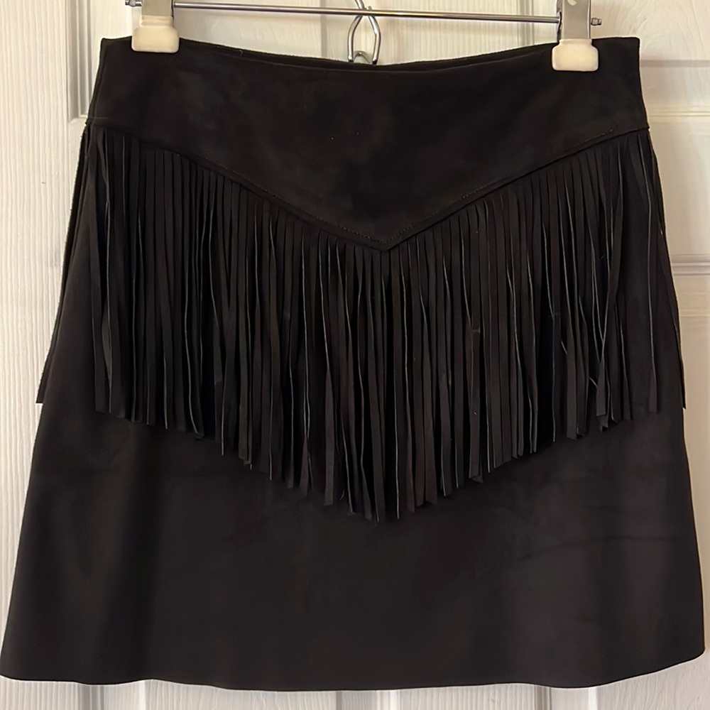 GB faux suede fringe black mini skirt